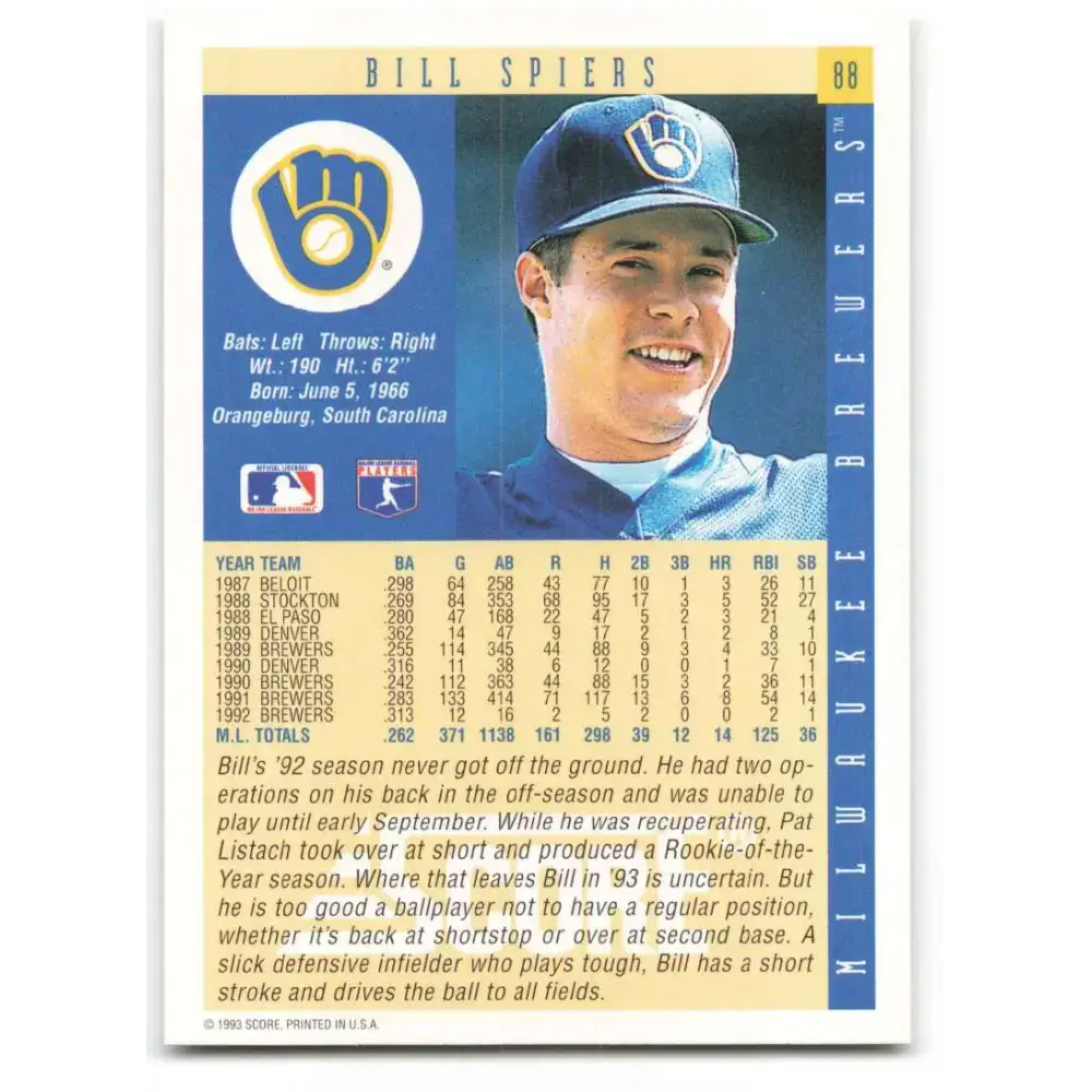 1993 Score #88 Bill Spiers NM-MT Milwaukee Brewers Baseball Card - Baseball Card Single