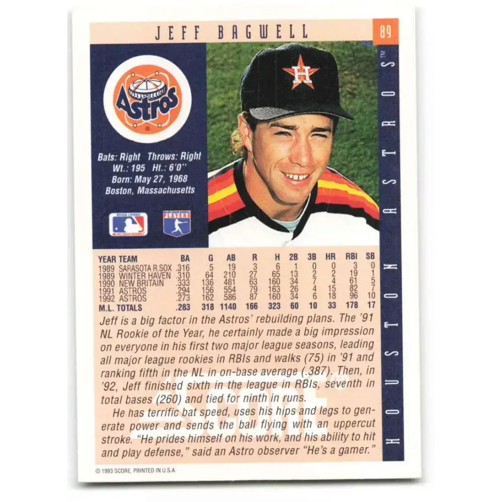 1993 Score #89 Jeff Bagwell NM-MT Houston Astros Baseball Card - Baseball Card Single