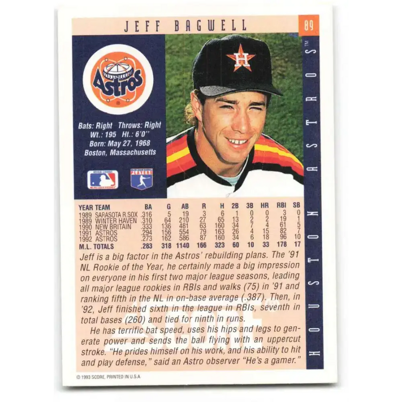 1993 Score #89 Jeff Bagwell NM-MT Houston Astros Baseball Card - Baseball Card Single