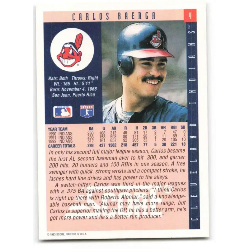 1993 Score #9 Carlos Baerga NM-MT Cleveland Indians Baseball Card - Baseball Card Single