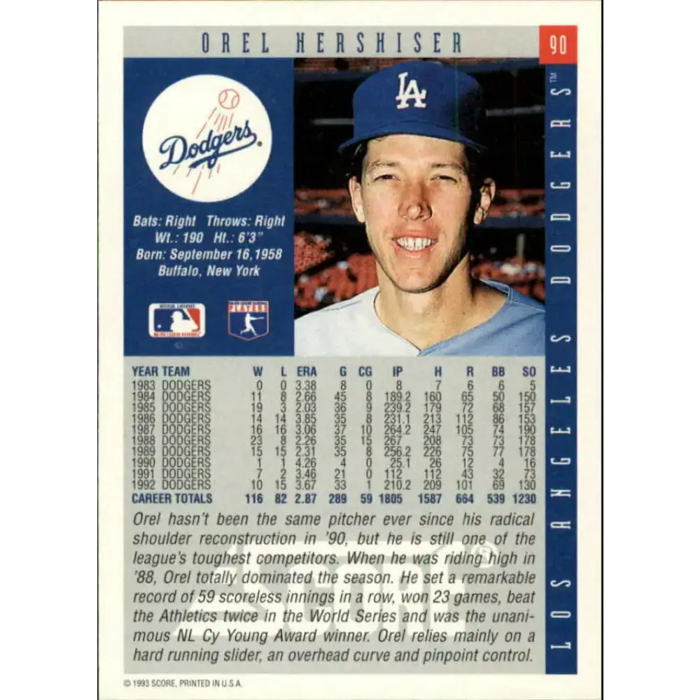 1993 Score #90 Orel Hershiser NM-MT Los Angeles Dodgers Baseball Card - Baseball Card Single