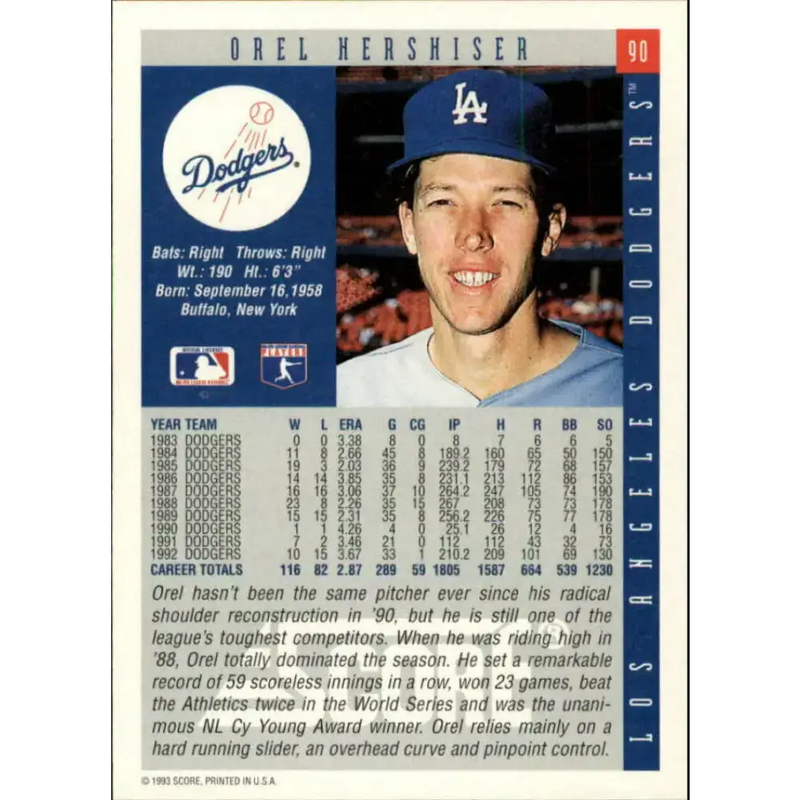 1993 Score #90 Orel Hershiser NM-MT Los Angeles Dodgers Baseball Card - Baseball Card Single