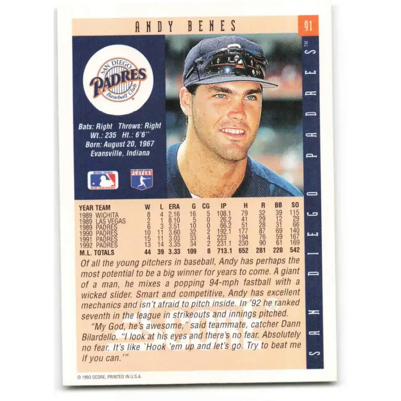 1993 Score #91 Andy Benes NM-MT San Diego Padres Baseball Card - Baseball Card Single