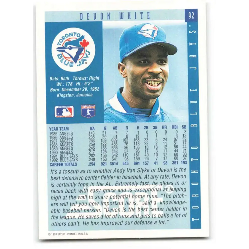 1993 Score #92 Devon White NM-MT Toronto Blue Jays Baseball Card - Baseball Card Single