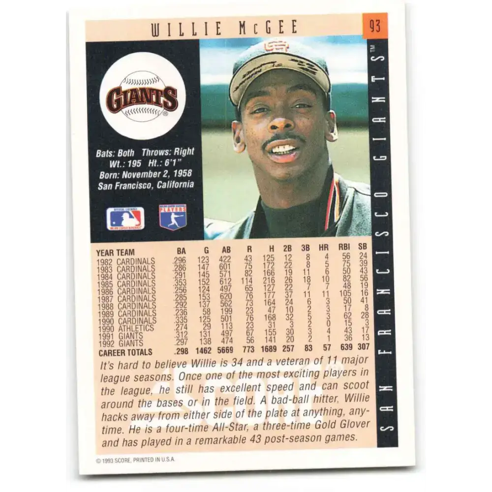1993 Score #93 Willie McGee NM-MT San Francisco Giants Baseball Card - Baseball Card Single
