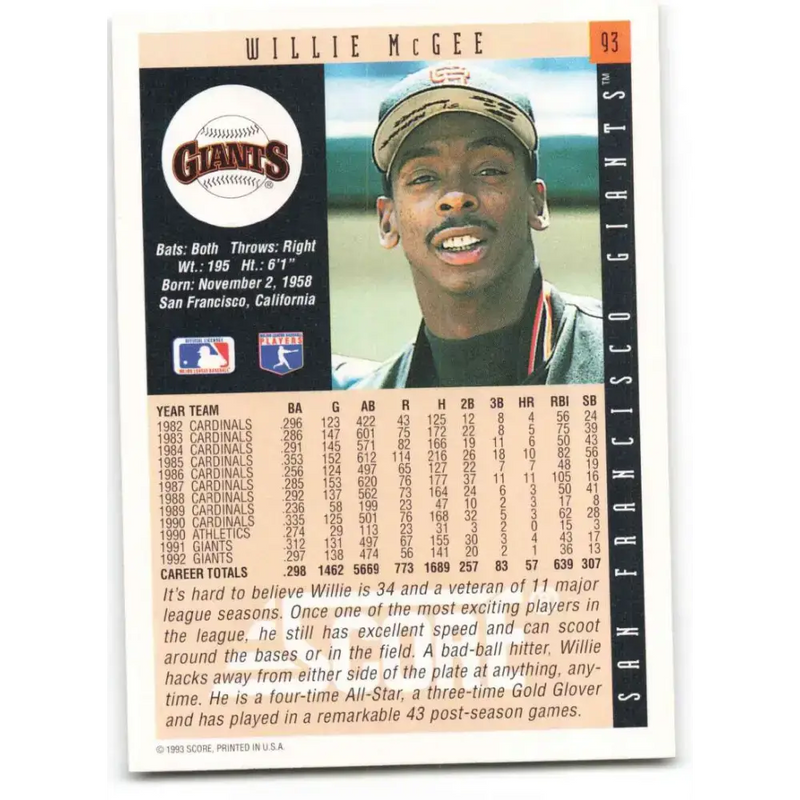 1993 Score #93 Willie McGee NM-MT San Francisco Giants Baseball Card - Baseball Card Single