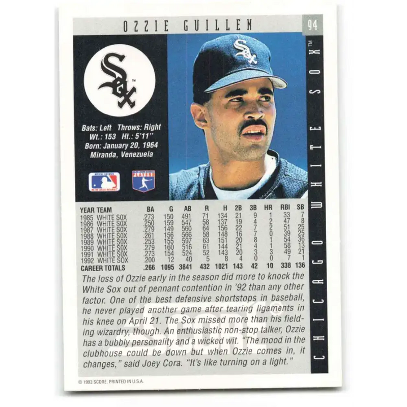 1993 Score #94 Ozzie Guillen NM-MT Chicago White Sox Baseball Card - Baseball Card Single
