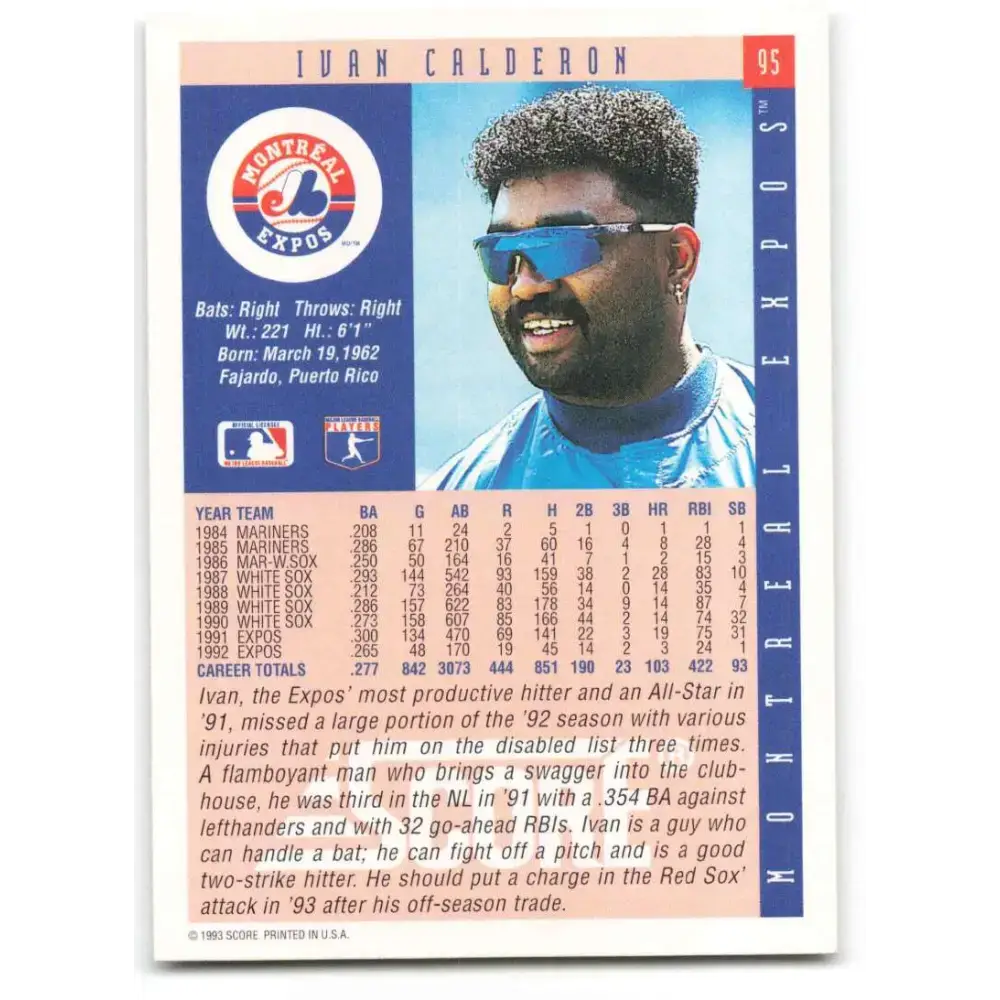 1993 Score #95 Ivan Calderon NM-MT Montreal Expos Baseball Card - Baseball Card Single