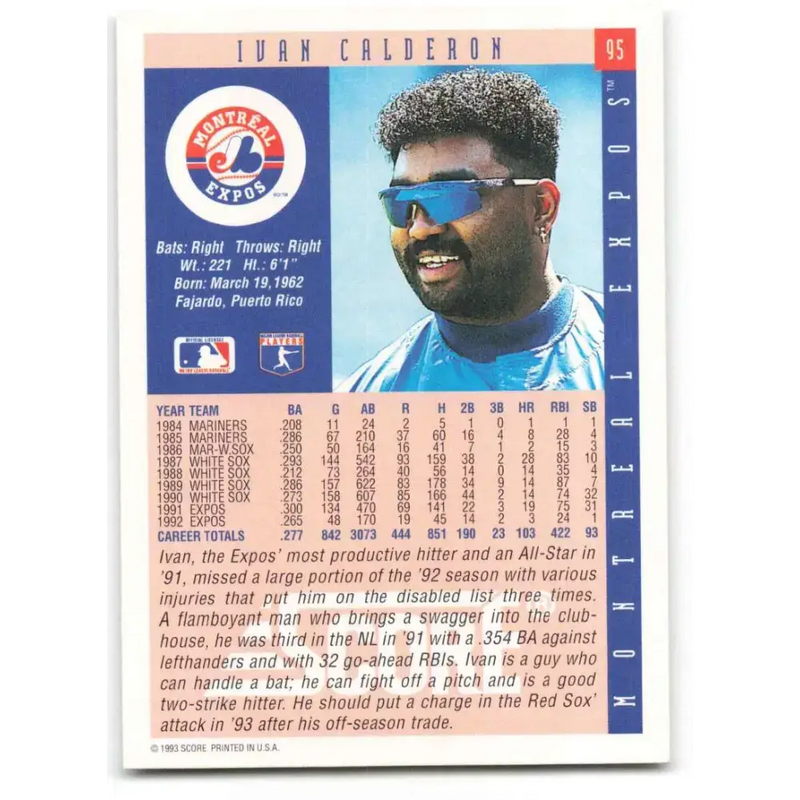 1993 Score #95 Ivan Calderon NM-MT Montreal Expos Baseball Card - Baseball Card Single