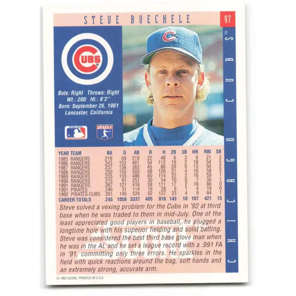 1993 Score #97 Steve Buechele NM-MT Chicago Cubs Baseball Card - Baseball Card Single