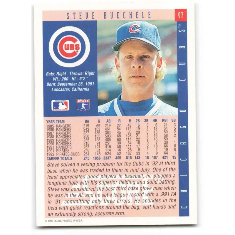 1993 Score #97 Steve Buechele NM-MT Chicago Cubs Baseball Card - Baseball Card Single