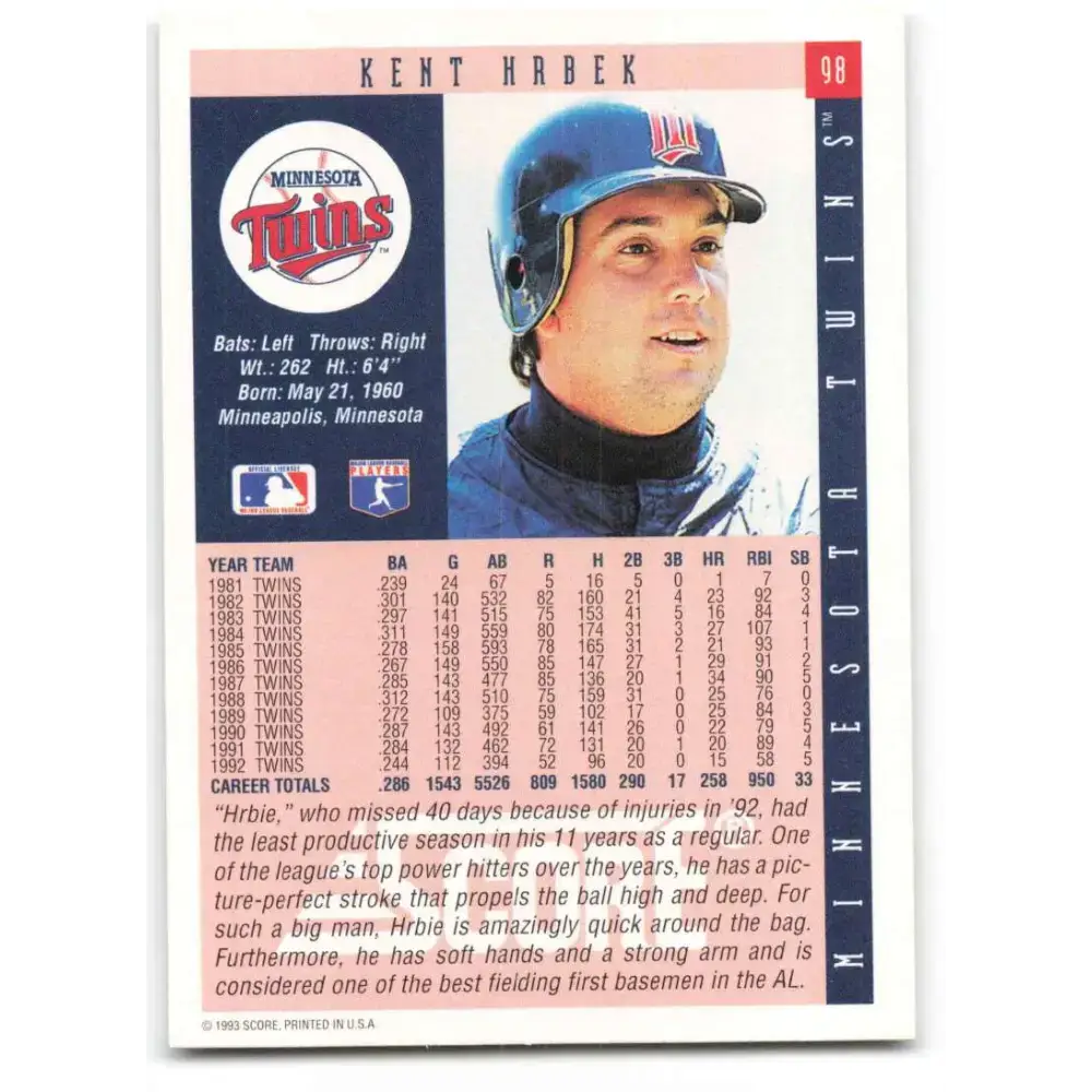 1993 Score #98 Kent Hrbek NM-MT Minnesota Twins Baseball Card - Baseball Card Single