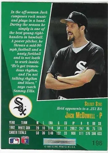 1993 Select #196 Jack McDowell Near Mint White Sox original gloss baseball card