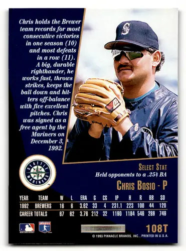 Original gloss 1993 Select Rookie Baseball Card of Chris Bosio Mariners ID:59186