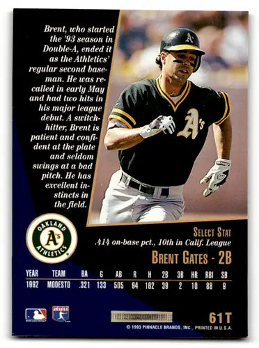Baseball card featuring Brent Gates from 1993 Select Rookie Traded series near mint