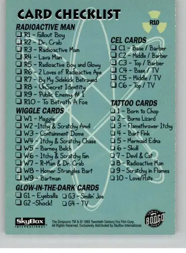 Trading card checklist for Simpsons Radioactive Man Radioactive Man 1993 SkyBox The Simpsons