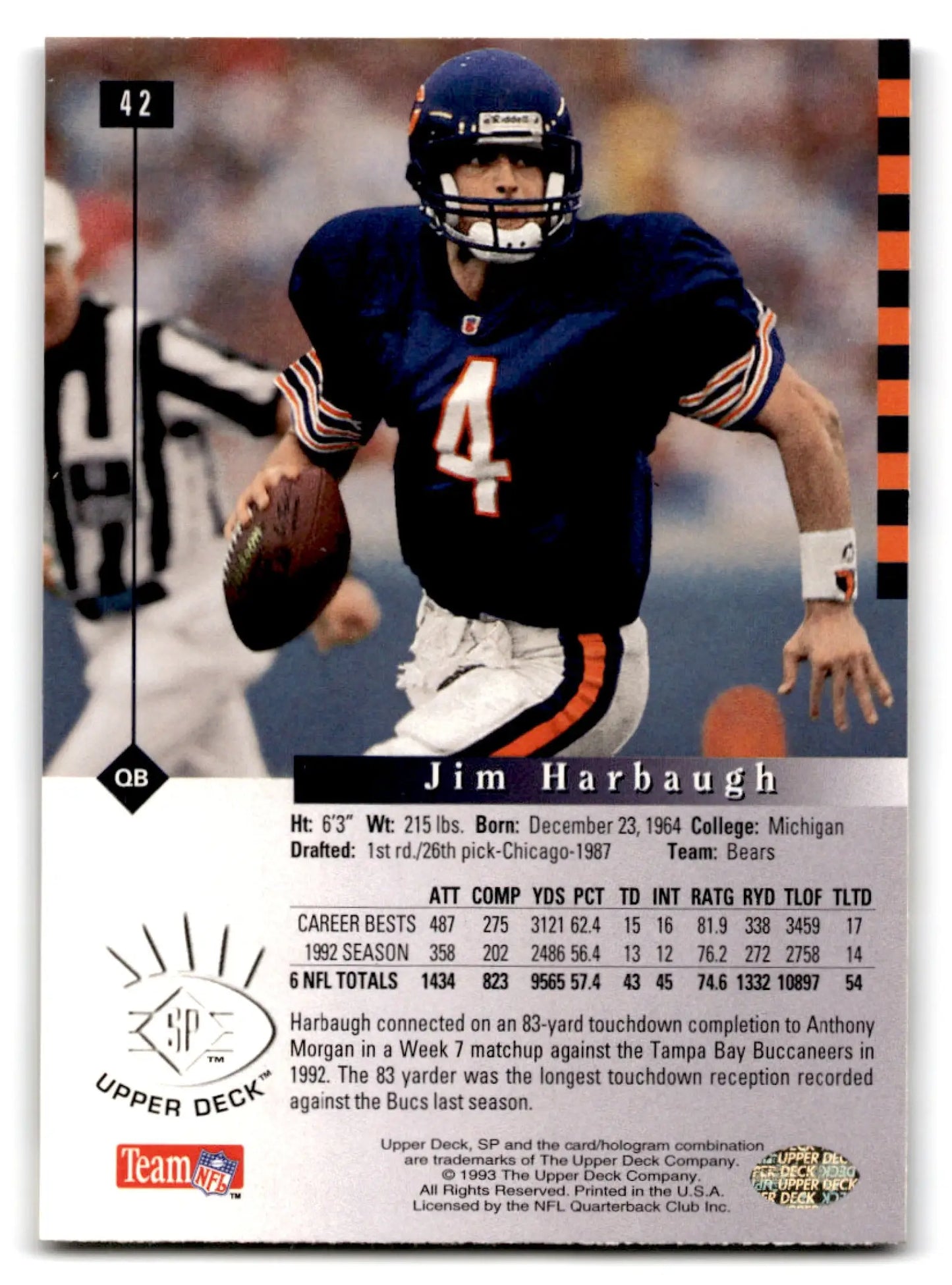 1993 SP Football Jim Harbaugh #42 Chicago Bears - Football Card Single