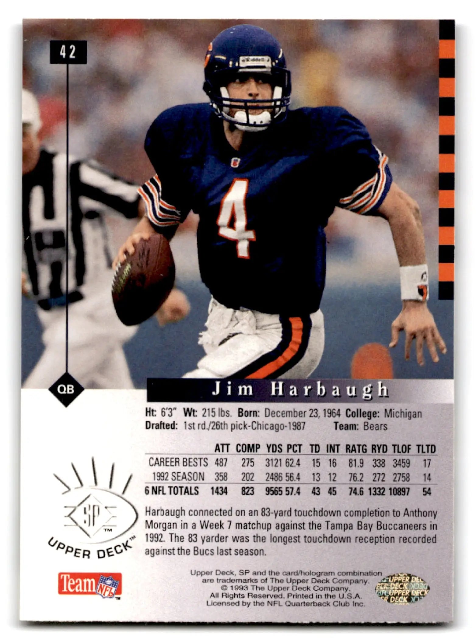 1993 SP Football Jim Harbaugh #42 Chicago Bears - Football Card Single