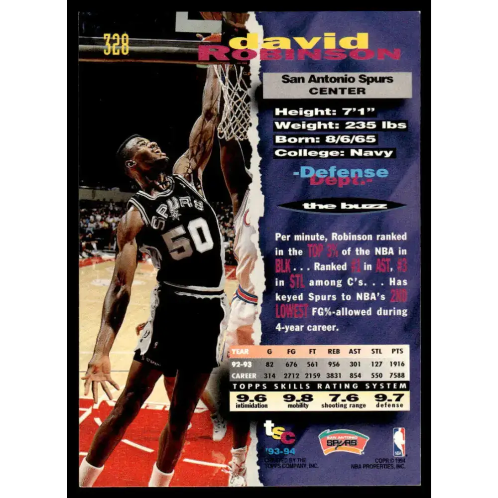 1993 Stadium Club #328 David Robinson NM/MT San Antonio Spurs Basketball Card - Basketball Card Single