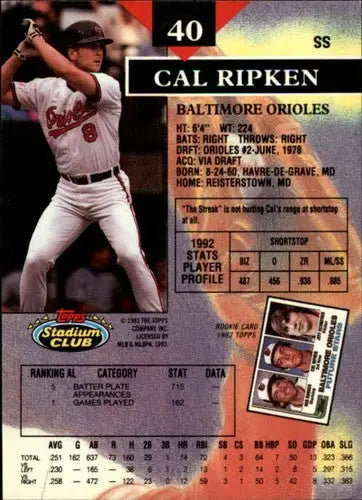 1993 Stadium Club #40 Cal Ripken Jr. NM-MT Orioles - Baseball Card Single