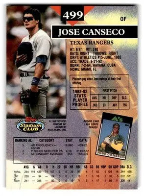 1993 Stadium Club #499 Jose Canseco - Baseball Card Single