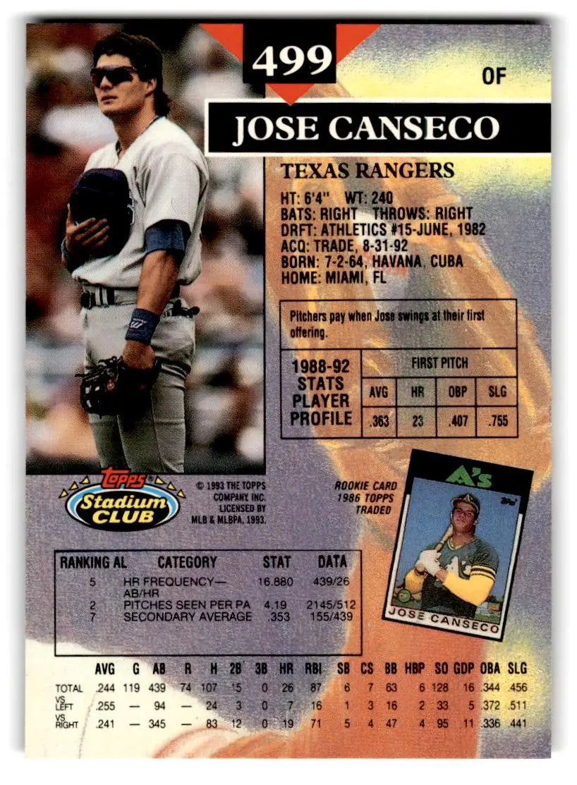 1993 Stadium Club #499 Jose Canseco - Baseball Card Single