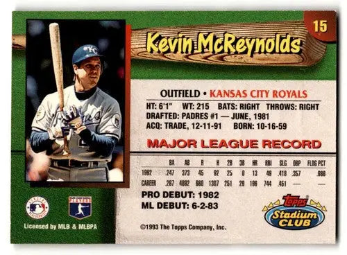 1993 Stadium Club Kansas City Royals Kevin McReynolds baseball card featuring Kansas City Royals player