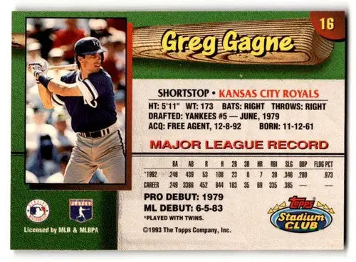 Baseball card of Greg Gagne from 1993 Stadium Club Kansas City Royals featuring Kansas City Royals player