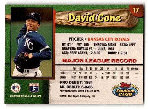 Back of a baseball trading card for David Cone Kansas City Royals 1993 Stadium Club