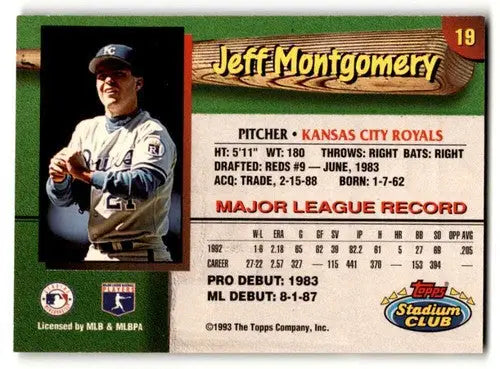 Back of a Jeff Montgomery Kansas City Royals baseball card in 1993 Stadium Club set