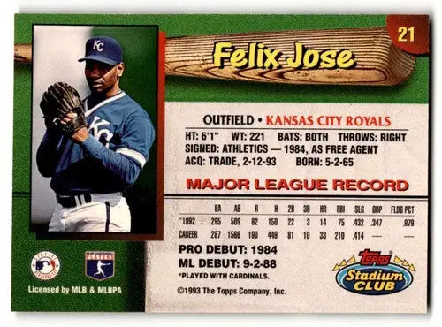 Baseball trading card of Felix Jose from the Kansas City Royals 1993 Stadium Club