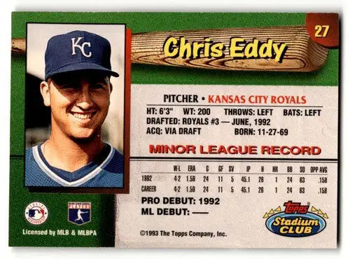 1993 Stadium Club Kansas City Royals Chris Eddy baseball card featuring pitcher from Kansas City Royals