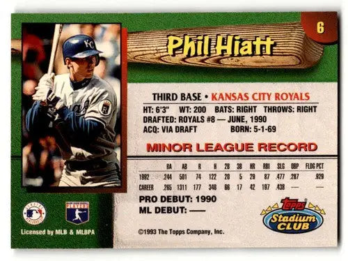 Back of 1993 Topps Stadium Club baseball card featuring Phil Hiatt Kansas City Royals