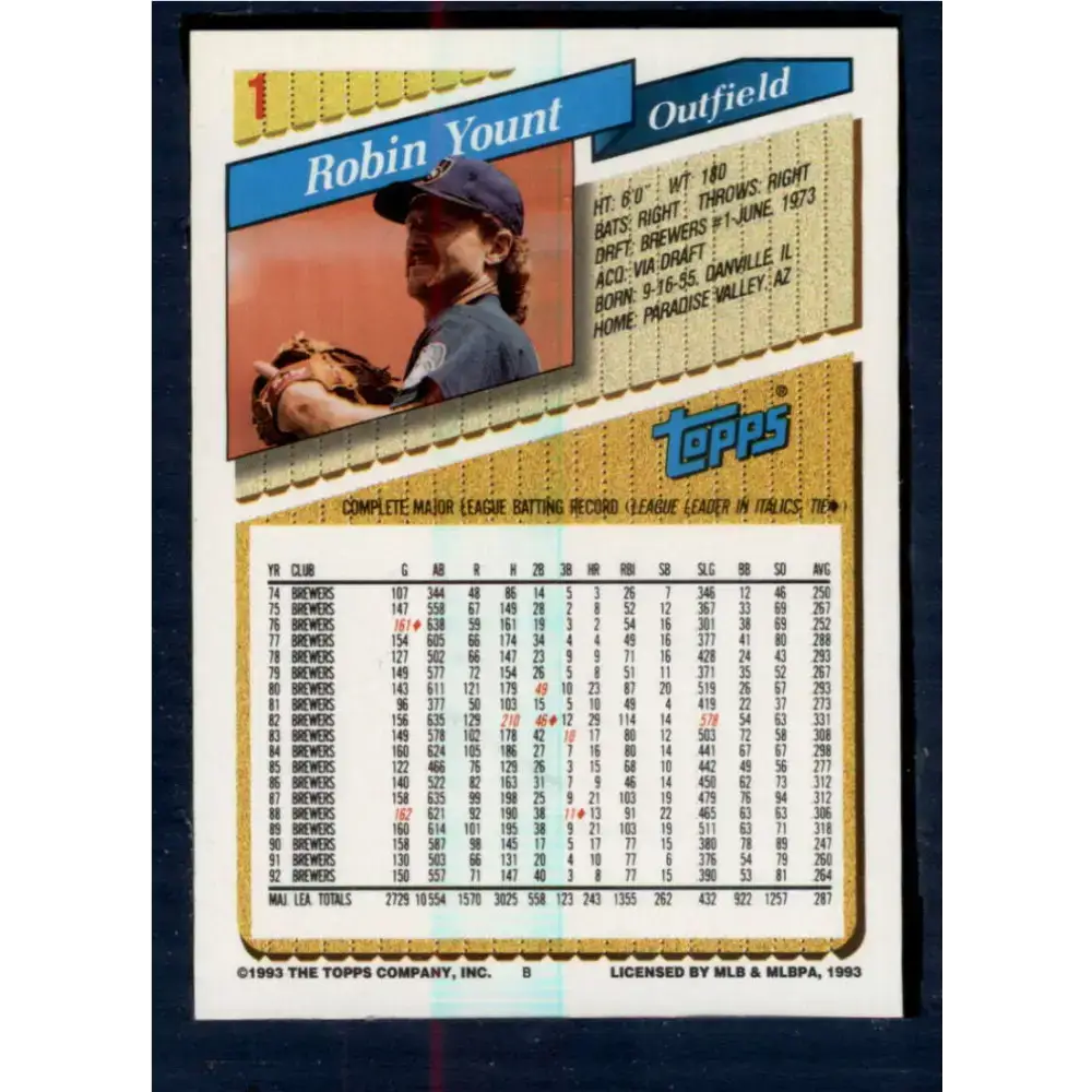 1993 Topps #1 Robin Yount NM-MT Milwaukee Brewers Baseball Card - Baseball Card Single