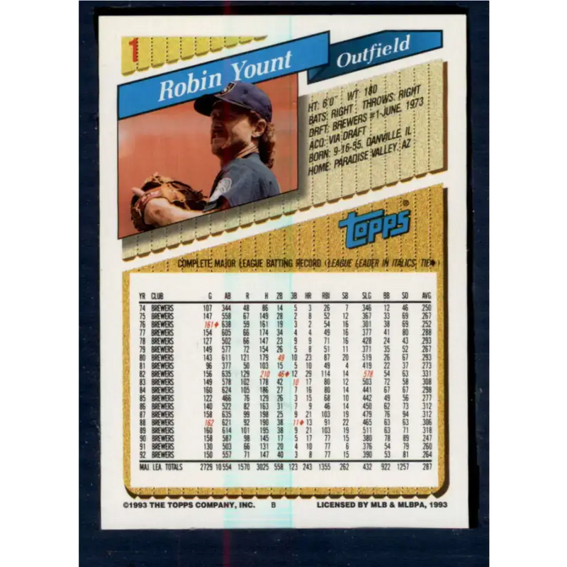 1993 Topps #1 Robin Yount NM-MT Milwaukee Brewers Baseball Card - Baseball Card Single