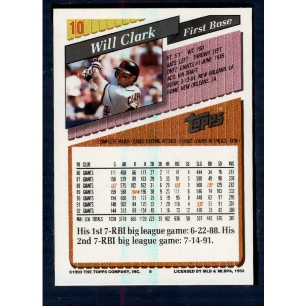 1993 Topps #10 Will Clark NM-MT San Francisco Giants Baseball Card - Baseball Card Single