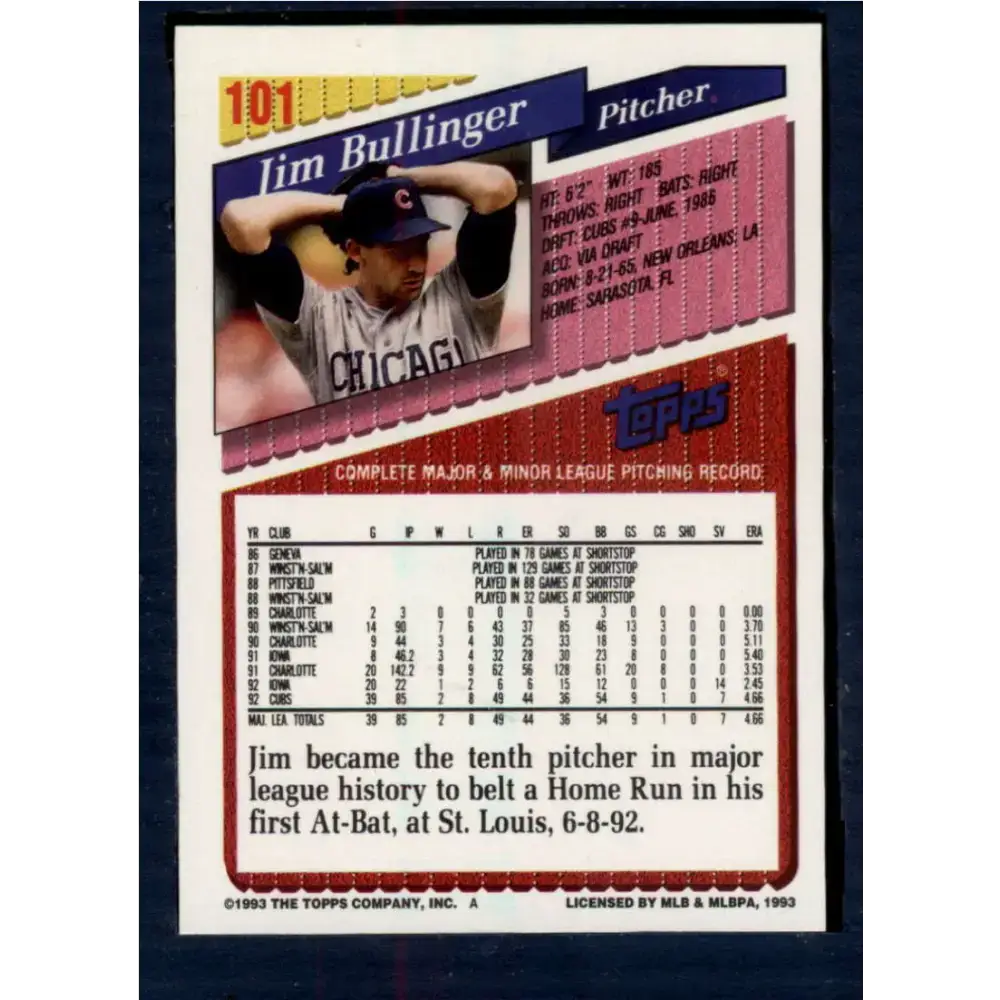 1993 Topps #101 Jim Bullinger NM-MT Chicago Cubs Baseball Card - Baseball Card Single