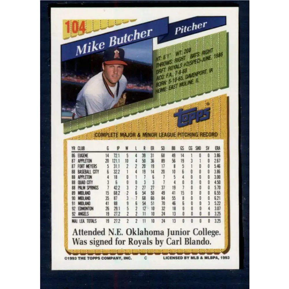 1993 Topps #104 Mike Butcher NM-MT California Angels Baseball Card - Baseball Card Single