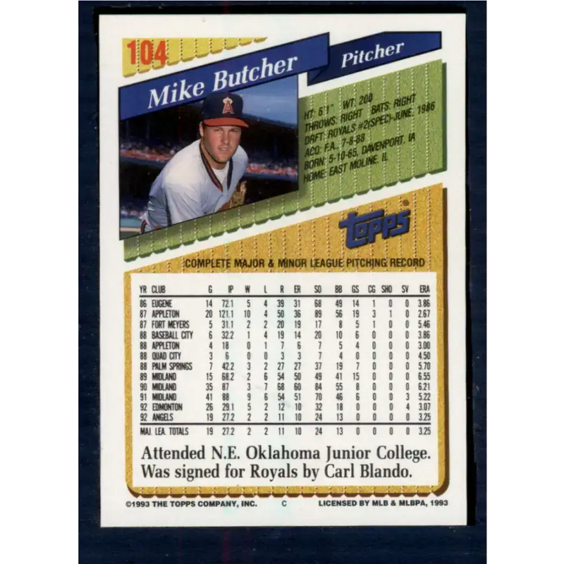 1993 Topps #104 Mike Butcher NM-MT California Angels Baseball Card - Baseball Card Single