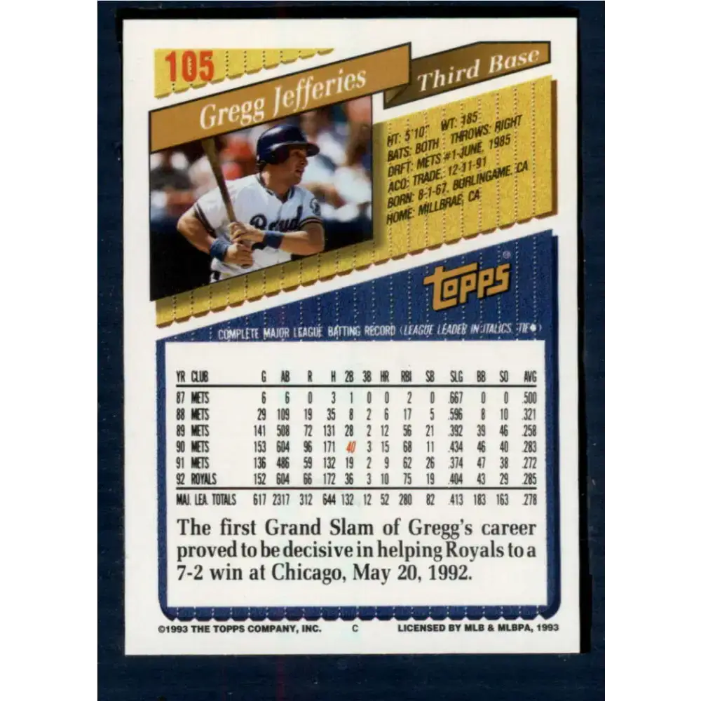 1993 Topps #105 Gregg Jefferies NM-MT Kansas City Royals Baseball Card - Baseball Card Single