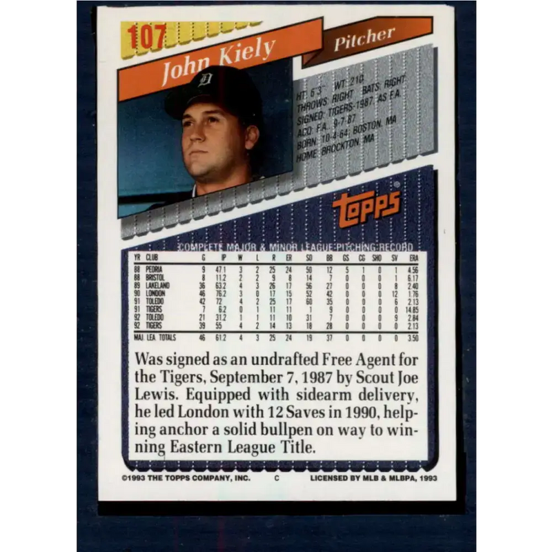 1993 Topps #107 John Kiely NM-MT Detroit Tigers Baseball Card - Baseball Card Single