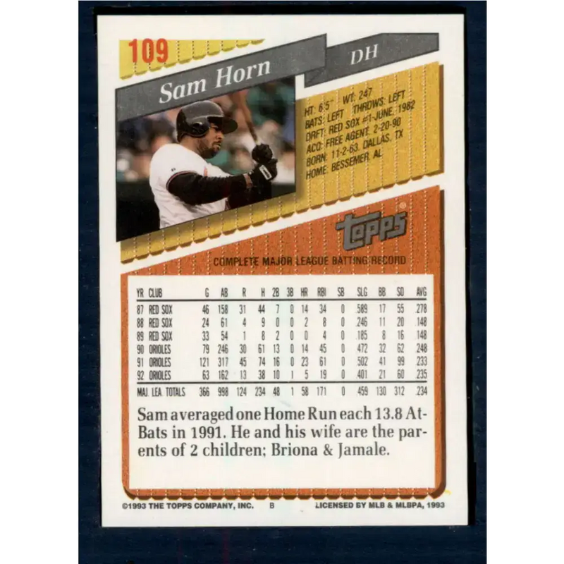 1993 Topps #109 Sam Horn NM-MT Baltimore Orioles Baseball Card - Baseball Card Single