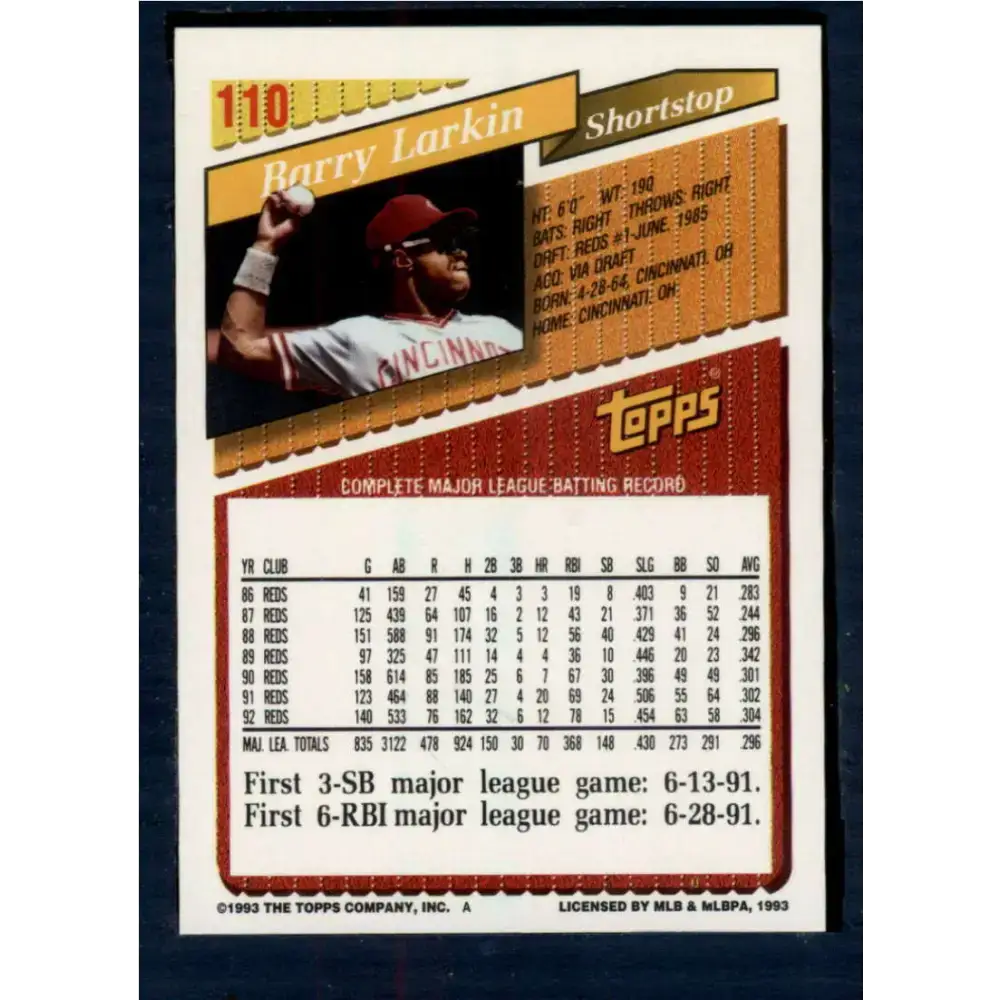 1993 Topps #110 Barry Larkin NM-MT Cincinnati Reds Baseball Card - Baseball Card Single