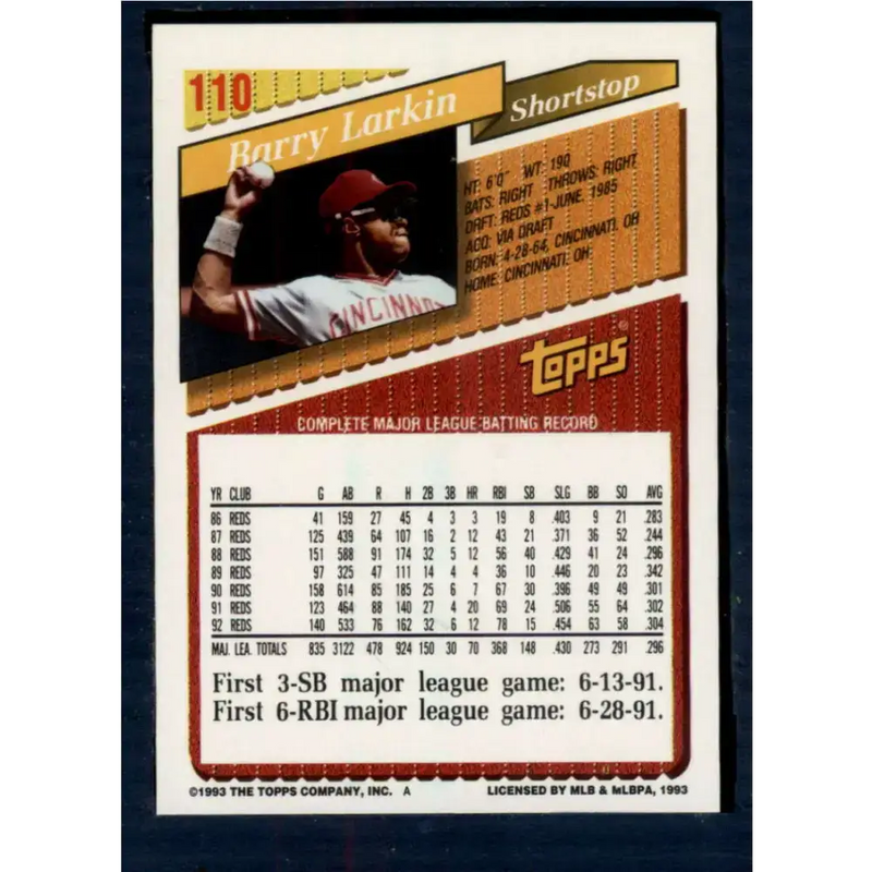 1993 Topps #110 Barry Larkin NM-MT Cincinnati Reds Baseball Card - Baseball Card Single