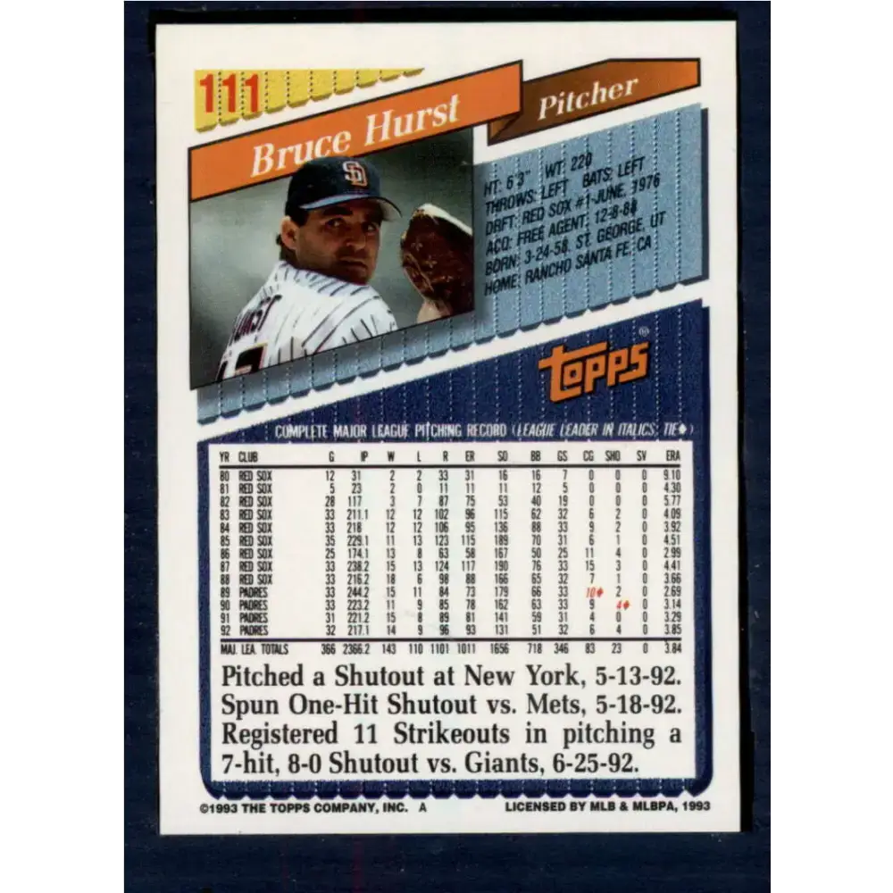 1993 Topps #111 Bruce Hurst NM-MT San Diego Padres Baseball Card