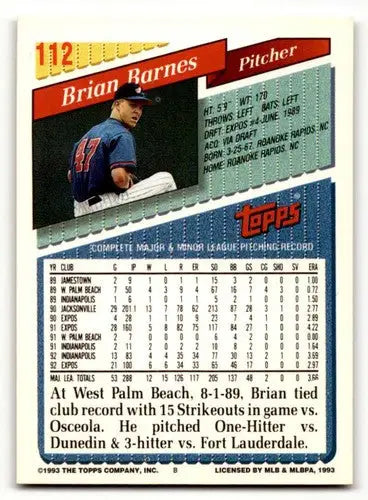 1993 Topps #112 Brian Barnes Montreal Expos Baseball Cards EX/NM ID:60921 - Baseball Card Single