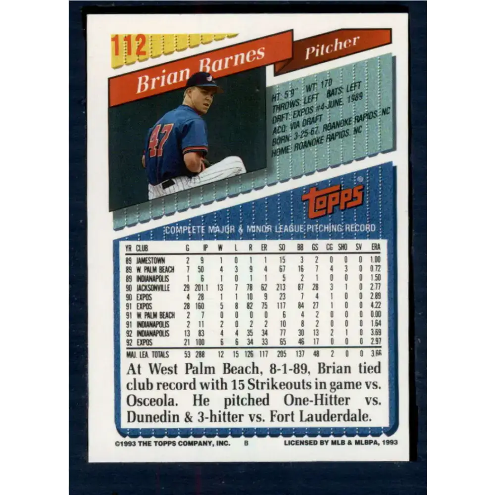 1993 Topps #112 Brian Barnes NM-MT Montreal Expos Baseball Card - Baseball Card Single