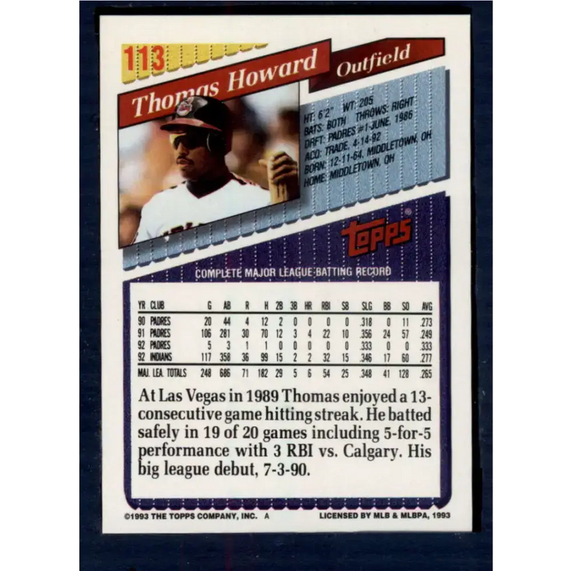 1993 Topps #113 Thomas Howard NM-MT Cleveland Indians Baseball Card - Baseball Card Single