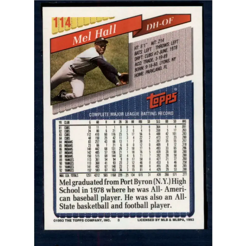 1993 Topps #114 Mel Hall NM-MT New York Yankees Baseball Card
