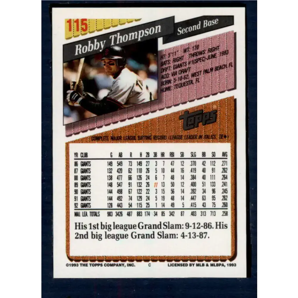 1993 Topps #115 Robby Thompson NM-MT San Francisco Giants Baseball Card
